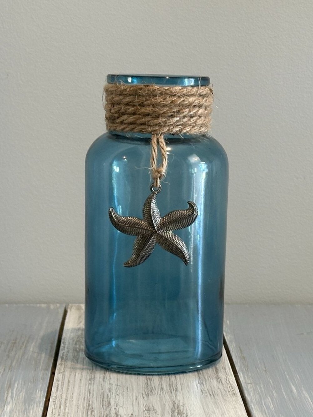 NWT Coastal Blue Glass Bottle / Vase w Jute Rope Details Starfish Charm Beachy